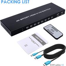 8 Port KVM Switch, 8 in 1 Out HDMI KVM Switch, for 8 PC Sharing 1 HD Monitor and 4 USB Devices, Support 4K@30Hz, with IR Remote and 8 HDMI Cables