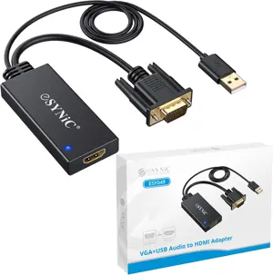 eSynic VGA to HDMI Converter with USB Audio Supports 1080P, Analog to Digital Adapter with 30cm VGA Cable and 1M USB to HDMI Video Audio 2CH Cable, Gold Plated Connector