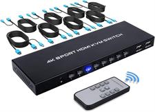 8 Port KVM Switch, 8 in 1 Out HDMI KVM Switch, for 8 PC Sharing 1 HD Monitor and 4 USB Devices, Support 4K@30Hz, with IR Remote and 8 HDMI Cables