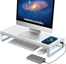 Vaydeer USB 3.0 Monitor Stand with Wireless Charging Aluminum Monitor Stand Riser Supports Data Transmission Metal Monitor Stand Supports up to 32 Inches for Computer, Laptop - Silver