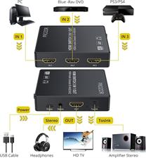 Prozor 3x1 HDMI Switch with Audio Extractor, 3 Port 4K HDMI Switcher HDMI Audio Converter, with IR Remote and 3.5mm Male to 2 RCA Female Stereo Audio Cable