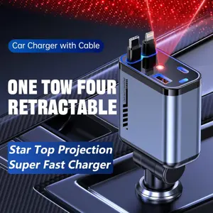 120W Retractable Car Charger with Starlight, 4 in 1 Fast Charging USB-C Car Adapter,for iPhone 17 Pro Max Air 16 15 14 13 Plus