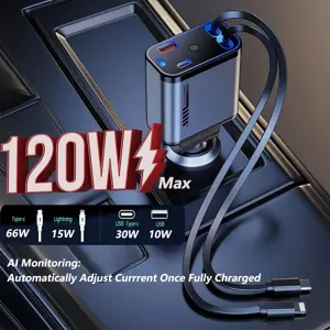 120W Retractable Car Charger with Starlight, 4 in 1 Fast Charging USB-C Car Adapter,for iPhone 17 Pro Max Air 16 15 14 13 Plus
