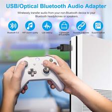 Bluetooth Adapter, Bluetooth 5.0 Audio Transmitter, Wireless Audio Adapter with USB and Optical for Switch Base, PS4, Xbox, TV, PC, 2 Devices Simultaneously, Plug and Play