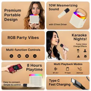 Mini Bluetooth Speaker, Wireless Karaoke Mic, 8Hrs Playtime, Vivid RGB Lights, Voice Effects, Multi-Play Modes BT5.1/TF Card & Type-C Charging (White)