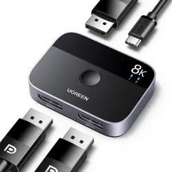 UGREEN DisplayPort Switch 8K DP 1.4 Bidirectional Display Port Splitter 2 in 1 Out Supports 8K@30Hz 4K@240Hz Free-Sync G-sync Compatible with PC Host Monitor Laptop with 1 DP Cable and 1 USB-C Cable
