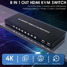 8 Port KVM Switch, 8 in 1 Out HDMI KVM Switch, for 8 PC Sharing 1 HD Monitor and 4 USB Devices, Support 4K@30Hz, with IR Remote and 8 HDMI Cables