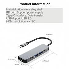 USB C Hub 5 in 1 Extension hub, USB-c Interface Multifunction Adapter with 4K HDMI, 2 USB 3.0 Ports and 2 USB-c, Compatible with Laptop, MacBook, iPad, Mac Mini and More Type C Devices