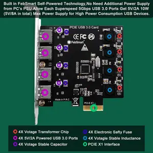 4 Ports Superspeed 5Gbps USB 3.0 PCI Express Expansion Card for Windows 11, 10, 8.x, 7, Vista, XP Desktop PCs, Built in Self-Powered Technology, No Need Additional Power Supply (FS-U4-Pro)