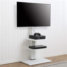FITUEYES FT-S3602MW Floor TV Stand with IRON BASE 3 Shelves for 32 to 65 Inch Screens Swivel Tilt Adjustable Height Hold 40kg Max VESA 600x400mm - White