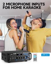 Moukey 2.0 Channel Stereo Bluetooth 5.0 Karaoke Amplifier, 300W Audio Stereo Receiver with RCA, USB, SD, 2 Mic Inputs, FM Radio, MAMP3