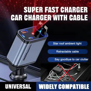 120W Retractable Car Charger with Starlight, 4 in 1 Fast Charging USB-C Car Adapter,for iPhone 17 Pro Max Air 16 15 14 13 Plus