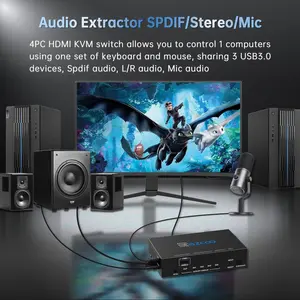 EZXOO USB3.0 HDMI KVM Switch 4 Port 4 In 1 Out 4K 60Hz 4 In 4 Out SPDIF 5.1 Audio Breakout - Mouse/Keyboard/Wireless USB for PC,Printer,Scanner,Windows,Linux, HDR HDMI Auto Switch 4x1,IR Remote KVM 4X1