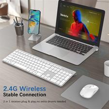 JOYACCESS Rechargeable Wireless Keyboard Mouse Combo with 500mAh Batteries,Silent Ergonomic Mouse for PC/Laptop/ White Silver