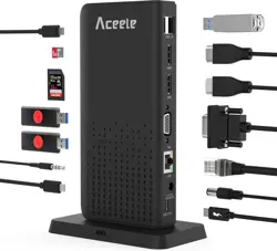 Aceele Triple Display Docking Station USB C 15 in 1 Hub USB C SD/TF, HDMI, VGA, LAN, Audio, 100W Pd, Multiport Adapter for MacBook Pro/air, Dell XPS, HP, Surface and Lenovo