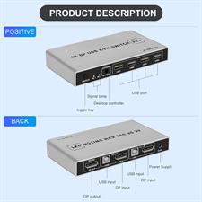DisplayPort KVM Switch 2-Port 4K 60Hz USB and DP Switch for 2 Computers Keyboard Mouse Printer Monitor for Laptop, PC, Xbox HDTV with 2 x USB Cables, 1 x Switch Button Cable, 1 x Power Cable