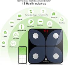 Digital Body Fat Scales Wireless Scales Personal High Precision Sensors with App for 13 Body Data Analyses Body Fat, BMI, Weight, Muscle Mass, Water, Protein, BMR, 180 kg
