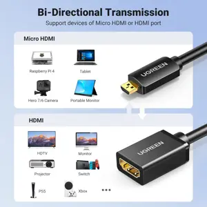 UGREEN Micro HDMI to HDMI Adapter, Male to Female Cable HDMI 2.0 4K@60Hz HDR 3D Dolby 18Gbps High Speed Compatible with Raspberry Pi 5/Pi 4//Pi 500 GoPro Hero 7 6/Retroid Pocket 3+, 0.6FT