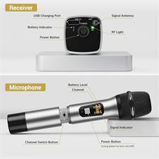 TONOR Wireless Microphone, UHF Metal Cordless Handheld Mic System with Rechargeable Receiver, for Karaoke, Singing, Party, Wedding, DJ, Speech, 200ft (TW620), Grey
