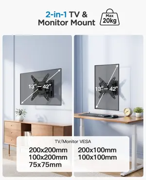 PERLESMITH TV Wall Bracket for 13-42 inch TVs, Swivels Tilts TV Wall Mount for Flat & Curved TV，VESA 75x75mm to 200x200mm up to 20KG
