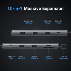 UGREEN Revodok Pro 210 Docking Station 10 in 1 USB C Dock Dual HDMI 4K@60Hz Single 8K@30Hz 100W PD 5Gbps USB C and USB A Data Ports Gigabit Ethernet, SD/TF Card Reader USB Hub Compatible for HP, Dell