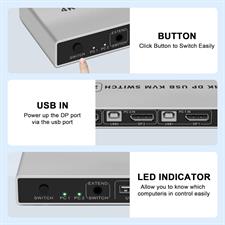 DisplayPort KVM Switch 2-Port 4K 60Hz USB and DP Switch for 2 Computers Keyboard Mouse Printer Monitor for Laptop, PC, Xbox HDTV with 2 x USB Cables, 1 x Switch Button Cable, 1 x Power Cable