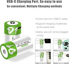 USB Rechargeable D Size Lithium ion Battery High Capacity 1.5V 12000mWh(8000mAh) 4 H Fast Charge 1200 Cycles with Type C Cable - 1 Pcs