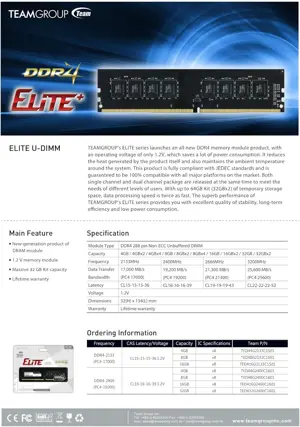 TEAMGROUP Elite DDR4 32GB Single (1 x 32GB) 3200MHz (PC4-25600) CL22 Unbuffered Non-ECC 1.2V UDIMM 288 Pin PC Computer Desktop Memory Module Ram