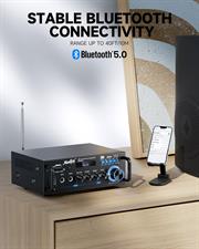 Moukey 2.0 Channel Stereo Bluetooth 5.0 Karaoke Amplifier, 300W Audio Stereo Receiver with RCA, USB, SD, 2 Mic Inputs, FM Radio, MAMP3