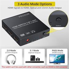 Prozor 3x1 HDMI Switch with Audio Extractor, 3 Port 4K HDMI Switcher HDMI Audio Converter, with IR Remote and 3.5mm Male to 2 RCA Female Stereo Audio Cable