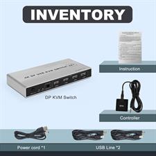 DisplayPort KVM Switch 2-Port 4K 60Hz USB and DP Switch for 2 Computers Keyboard Mouse Printer Monitor for Laptop, PC, Xbox HDTV with 2 x USB Cables, 1 x Switch Button Cable, 1 x Power Cable