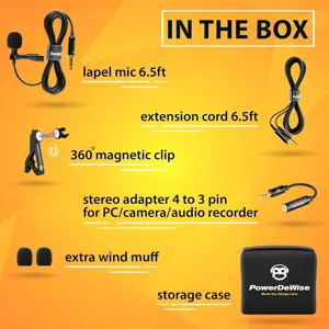 PowerDeWise Professional Grade Lavalier Clip On Microphone - Lav Mic for Camera Phone iPhone GoPro Video Recording ASMR - Small Noise Cancelling 3.5mm Tiny Shirt Microphone with Easy Clip On System With Lightning to 3.5mm Adaptor