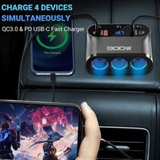 Cigarette Lighter Splitter 300W: OUFFUN Dual 18W QC3.0 and 30W PD USB-C Multi Way Cigarette Lighter Adapter DC Outlet Car 12V Splitter with LED Voltmeter Switches for iPhone Samsung Phone GPS Dash Cam