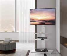 FITUEYES FT-S3602MW Floor TV Stand with IRON BASE 3 Shelves for 32 to 65 Inch Screens Swivel Tilt Adjustable Height Hold 40kg Max VESA 600x400mm - White