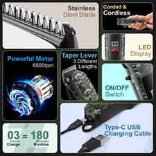 VGR VL-665 Limited Edition Professional Hair Clipper for Salon & Home Use | LED Display, 2000mAh Battery, 6 Guide Combs with Type-C USB Charging & 180 Min Runtime - Black/Green