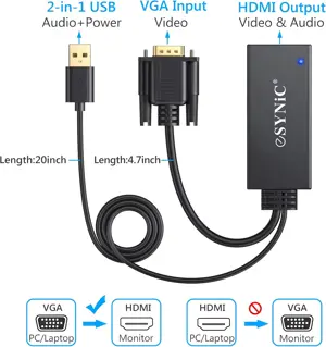 eSynic VGA to HDMI Converter with USB Audio Supports 1080P, Analog to Digital Adapter with 30cm VGA Cable and 1M USB to HDMI Video Audio 2CH Cable, Gold Plated Connector
