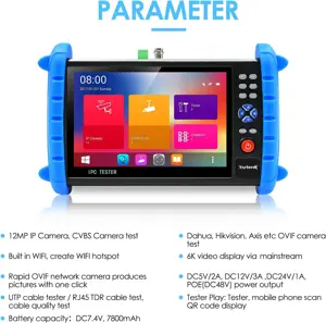 Portable 7 Inch CCTV Tester Support up to 6K IP Camera Test- AHD, TVI, CVI & CVBS Analog Camera Test-RJ45 Cable TDR Tester with PoE/IP Discovery/HDMI in & Out/Built in WiFi/PTZ