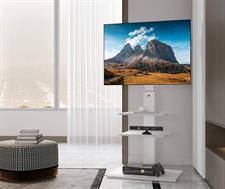 FITUEYES FT-S3602MW Floor TV Stand with IRON BASE 3 Shelves for 32 to 65 Inch Screens Swivel Tilt Adjustable Height Hold 40kg Max VESA 600x400mm - White