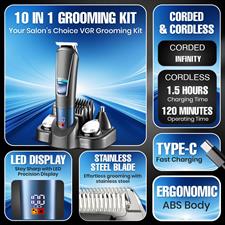 VGR V-108 Professional 10 in 1 Grooming Kit with LED Display, All in one Trimmer for Men,Suitable for Face, head, Nose,Ear & Body Grooming, 120 min Runtime (Black, Blue)