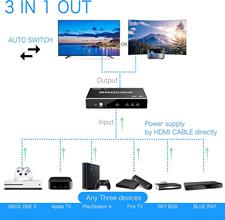 Mrocioa HDMI Switch 3 Port Input 1 Made of 4K HDMI Switcher Box with Remote Control HDMI Splitter 4K Hub Support PS4 Xbox One Fire TV Apple