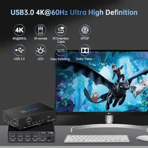 EZXOO USB3.0 HDMI KVM Switch 4 Port 4 In 1 Out 4K 60Hz 4 In 4 Out SPDIF 5.1 Audio Breakout - Mouse/Keyboard/Wireless USB for PC,Printer,Scanner,Windows,Linux, HDR HDMI Auto Switch 4x1,IR Remote KVM 4X1