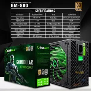 GameMax GM-800 80 Plus Bronze 800 W Modular Active PFC 14CM Fan ATX Power Supply Unit - Black