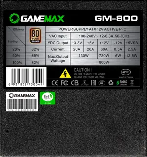 GameMax GM-800 80 Plus Bronze 800 W Modular Active PFC 14CM Fan ATX Power Supply Unit - Black