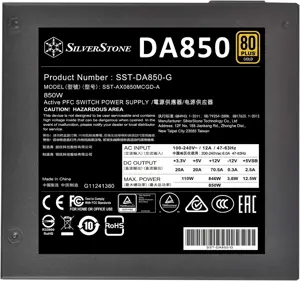 SilverStone DA850 Gold, 80 PLUS Gold 850W fully modular ATX power supply, SST-DA850-G 