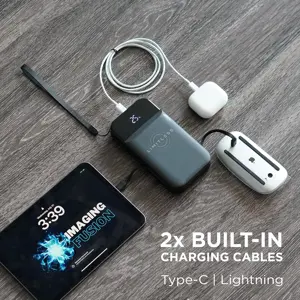Limitless Innovations Ultimate Pro 15,000mAh Portable Power Bank PD 20W with Built-in Cables, Wireless Charging, Flashlight, Wall Plug, & Digital Display, for iPhone, Samsung, & More (Black Metallic)