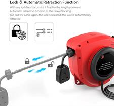 Vistreck Automatic Cable Reel 15 m + 1.5 m Outdoor Cable Reel Can be Used to 1500 W (Max Load Capacity: 3200 W) with 180° Rotatable Wall Mount, Reset Button and Adjustable Stop
