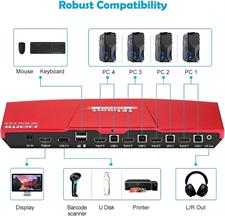 TESmart HDMI 4K Ultra HD 4x1 HDMI KVM Switch 3840x2160@60Hz 4:4:4 with 2 Pcs 5ft KVM Cables Supports USB 2.0 Device Control up to 4 Computers/Servers/DVR