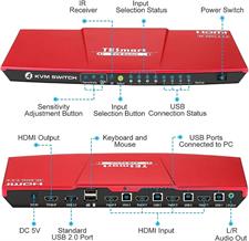 TESmart HDMI 4K Ultra HD 4x1 HDMI KVM Switch 3840x2160@60Hz 4:4:4 with 2 Pcs 5ft KVM Cables Supports USB 2.0 Device Control up to 4 Computers/Servers/DVR