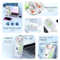 Transparent Wireless Mouse BT5.1/2.4G Bluetooth Mouse Rechargeable Mute Laptop Mice for Mac,iPad,MacBook,Laptop,PC Silent Mouse