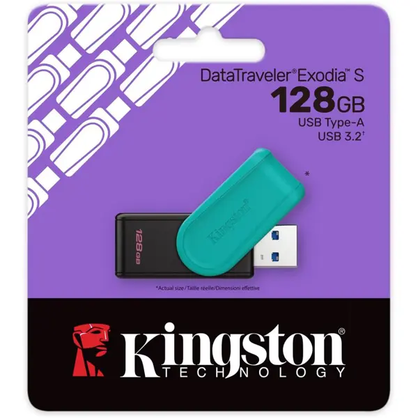 Kingston DataTraveler Exodia S USB Flash Drive, 128GB, USB 3.2 Gen 1, Swivel Cap, Black/Turquoise
